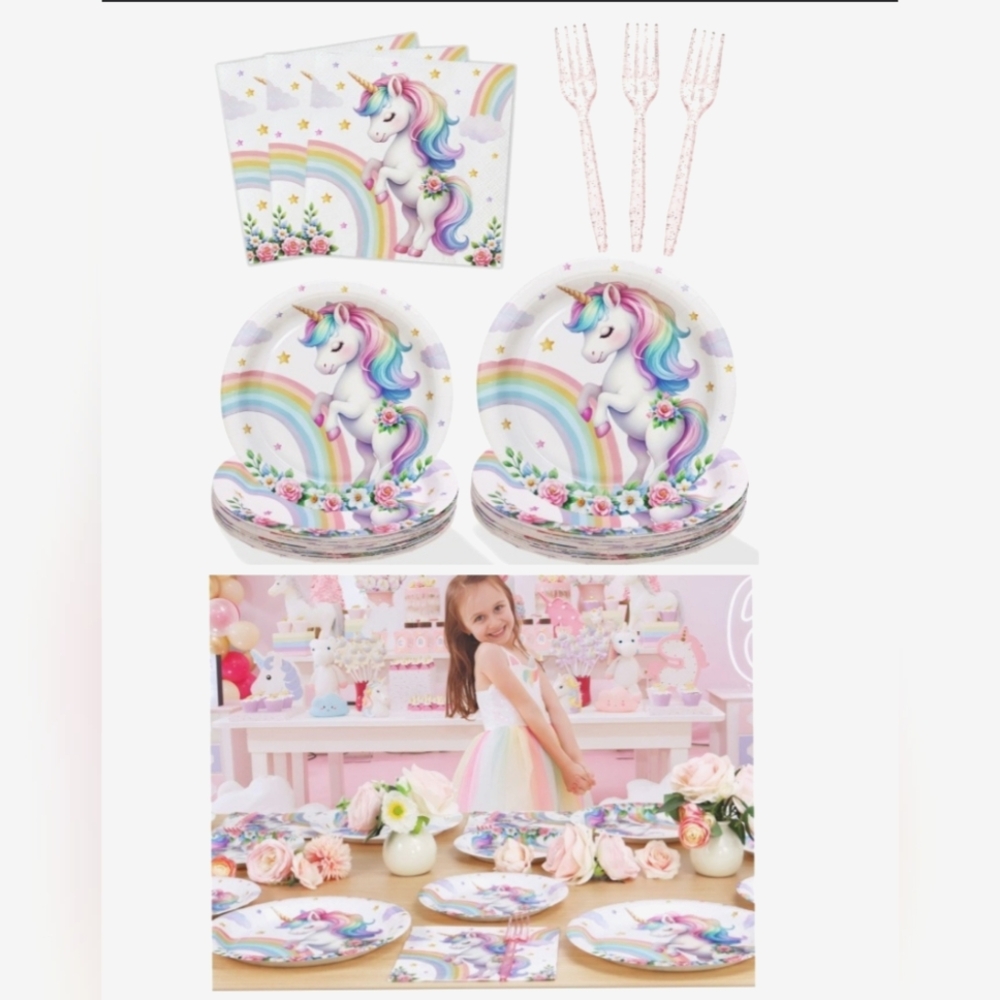 Nwt 100Pcs Unicorn Birthday Plates Set Party Pastel Rainbow Napkins Glitter Fork
